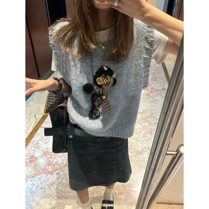 韩系立体装饰编织小马针织马甲女新款洋气减龄外穿毛衣背心叠穿|undefined
