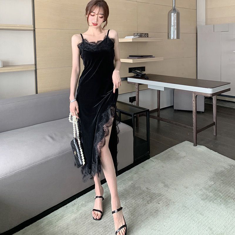 Autumn and Winter Black Velvet Long Slim-Fit Sexy Slip Dress with Lace V-Neck and Slit Autumn and Winter Black Velvet Long Slim-Fit Sexy Slip Dress with Lace V-Neck and Slit
