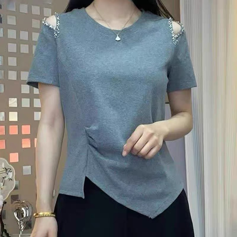 純綿大きいサイズヨーロッパビーズオフショルダー半袖 Tシャツ女性のための 2025 夏の新しいルーズ痩身ファッショナブルなトップス女性のための|undefined