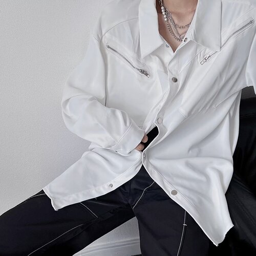 Designer Metal Zipper Decorated Long-Sleeve Shirt for Men, Trendy, Flowing, High-End, Casual and Cool Style
