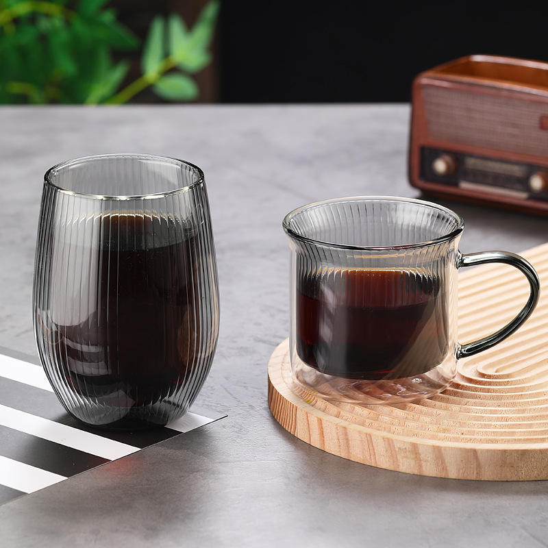 Factory Direct heat-resistant double-layer glass striped Cup heat insulation coffee cup striped straw coffee cup cold coffee cup