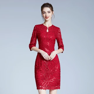 深圳高端中年结婚宴礼服春季新款收腰大码喜婆婆妈妈装连衣裙批发