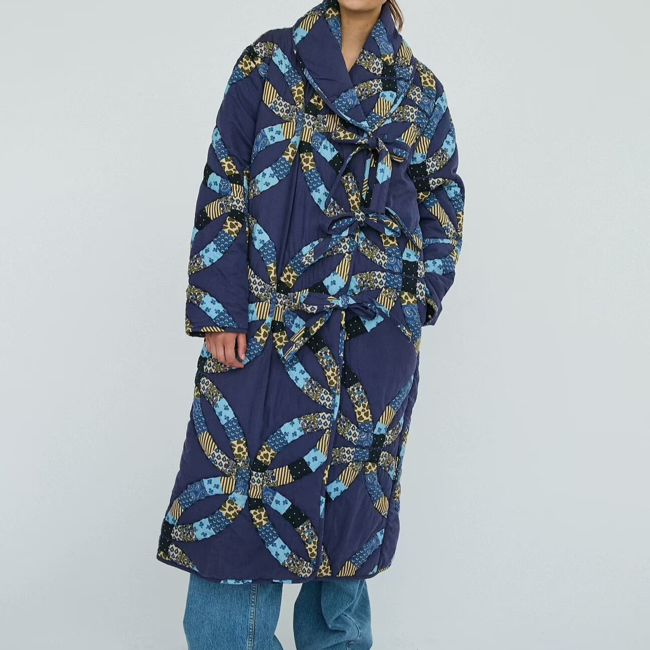2024秋新款复古做旧长款印花海军蓝棉服外套蝴蝶结装扣A77-12030