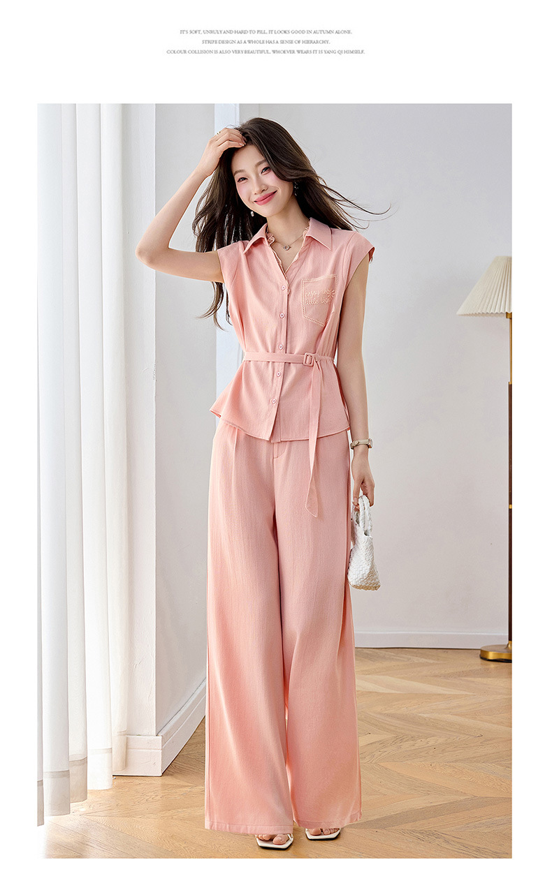 Bộ quần áo nữ mùa hè cao cấp gồm áo sơ mi dây rút và quần ống rộng — Xám gạo, Màu hồng chi tiết 16