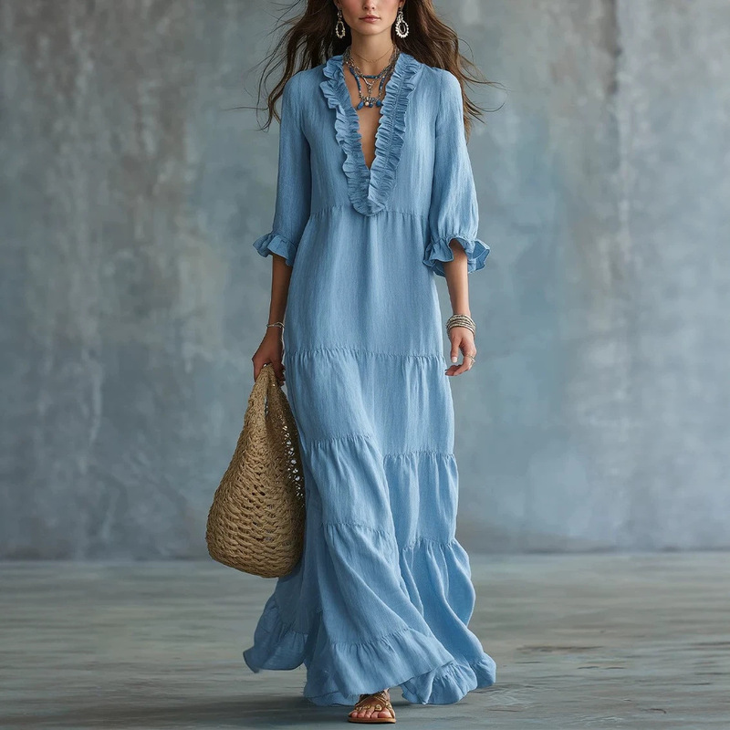 European and American Cross-Border Amazon Tk Women's Bohemian V-Neck Layered Casual Flowing Long Ruffle Dress