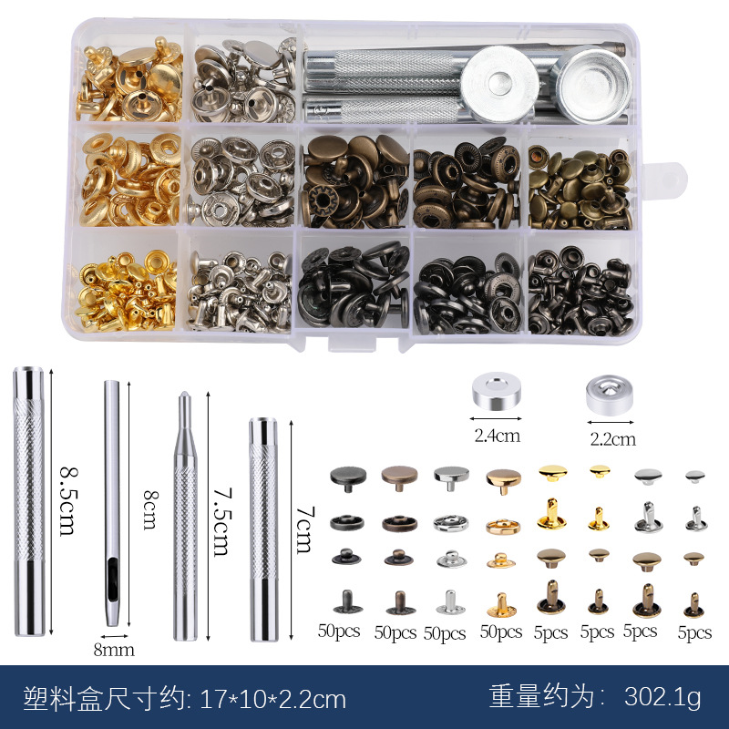 Metal transfronterizo de cuatro cierre remache + conjunto de herramientas de montaje 633 botones chaqueta vaqueros chaqueta de plumón redonda