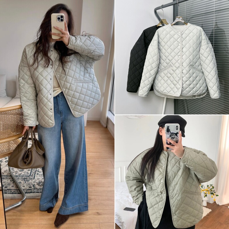 Special Discount! House Liu Wen and He Sui's Same Style Diamond-Shaped Quilted Cotton Jacket with Round Neck, Short Front and Long Back Cotton Jacket for Women
