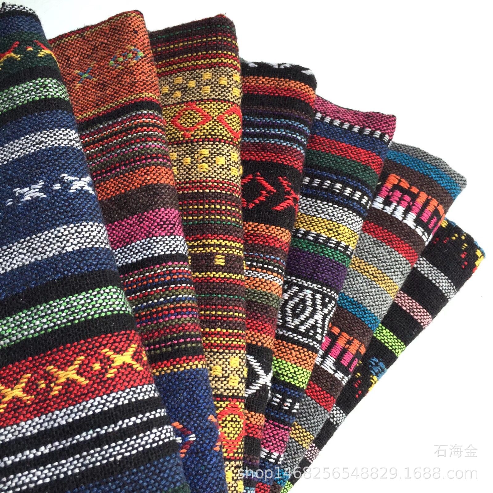 色织条纹仿棉麻布面料 民族风 粗纺服装提花鞋材帽箱包沙发工艺品