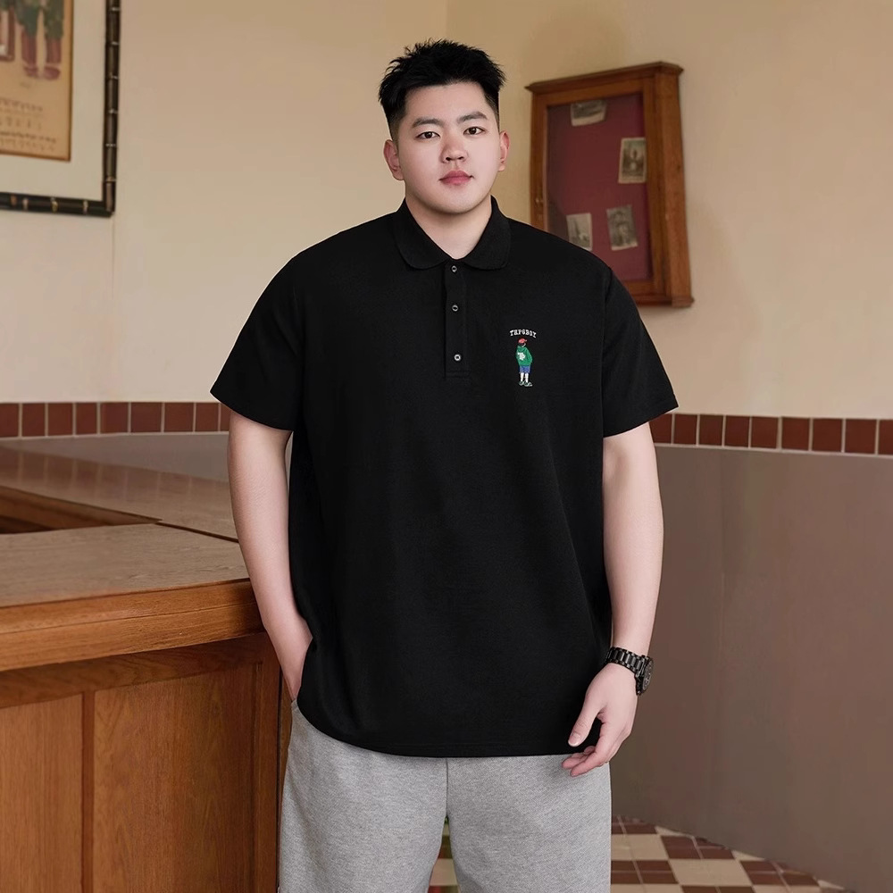 Trendy Brand plus size Men's Summer Cartoon Embroidered Polo Shirt Short-sleeved Men's Fat Plus Size Loose Casual Top Half-sleeved