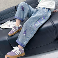 春季新款兒童卡通破洞牛仔褲2024年韓版女童直筒褲童裝一件代發潮