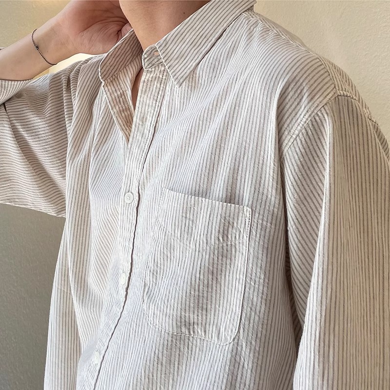 Men's striped long-sleeved shirt for spring and summer, Korean style, trendy, Hong Kong style, Japanese style, casual shirt, loose top, jacket