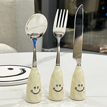 创意可立式304不锈钢勺子叉子家用笑脸西餐勺高颜值儿童吃饭调羹