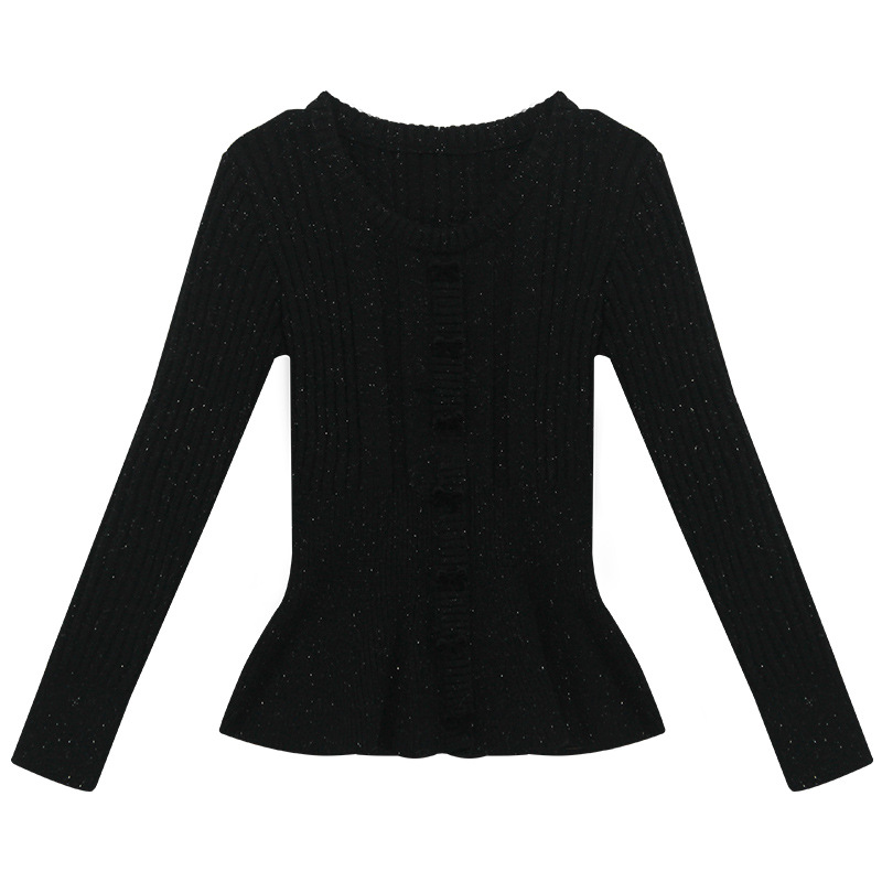 Knitted autumn design elegant sweater with a round collar with bow