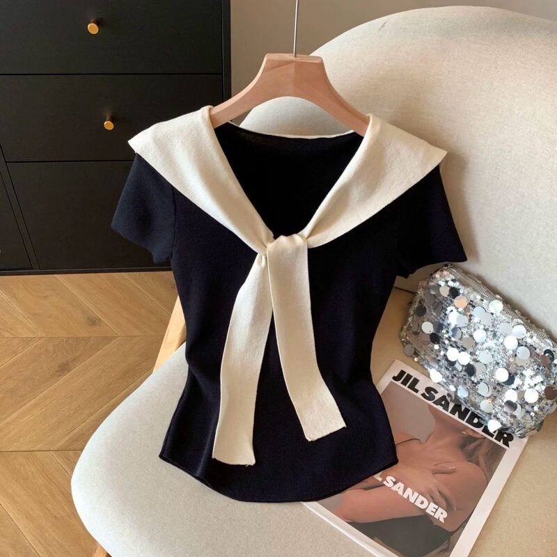 2026 Summer New Style Color-Blocked Sailor Collar Faux Two-Piece Patchwork Shawl Short-Sleeve T-Shirt for Women, Waist-Cinching Slimming Top