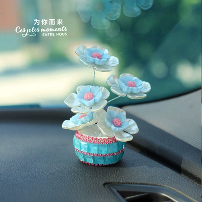 Handmade DIY Flowers for Girls, Cute Car Interior Decoration Car Ornaments, Creative Diamond-Encrusted Small Flower Pots, Central Control Ornaments (Perfplant seat) - blue-lucky-trumpet