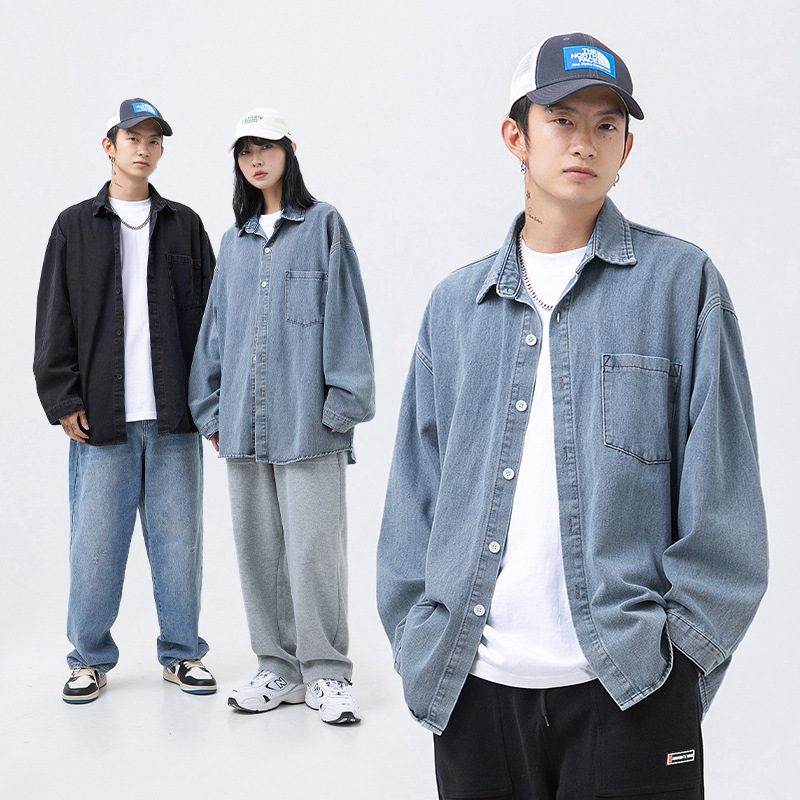 Han Lu Japanese Style Men's Spring Denim Long-Sleeved Shirt Men's Loose Basic Versatile Casual Washed Shirt Jacket