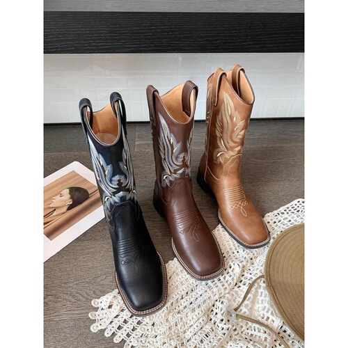 Cowboy Boots Embroidered Mid-Calf Martens Chelsea Boots Long Boots for Girls  New Arrival Direct Manufacturer Supply