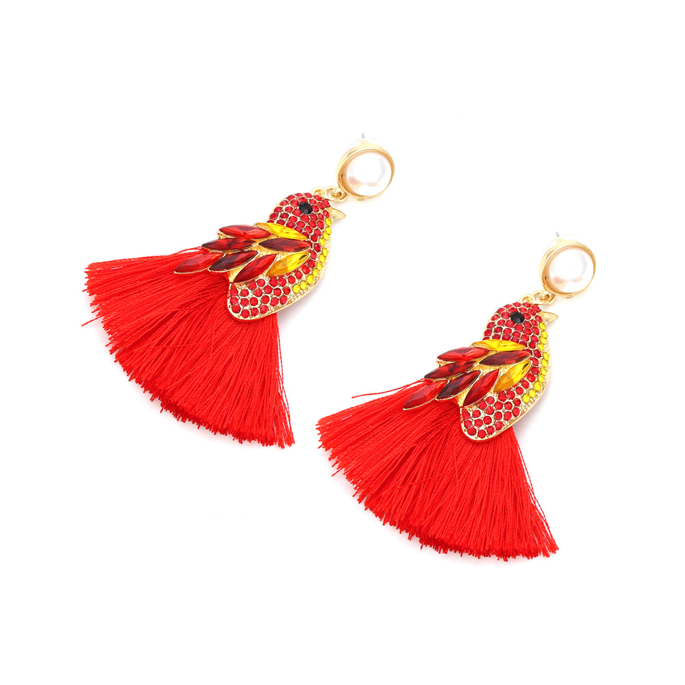 1 Pair Casual Cute Bird Tassel Alloy Rhinestones Drop Earrings display picture 2