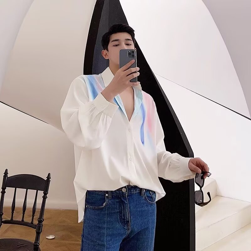 Teen Niche Men's Clothing Rendering Rainbow Design Handsome Casual Shirt Spring 2025 Trendyy Long-Sleeved Shirt