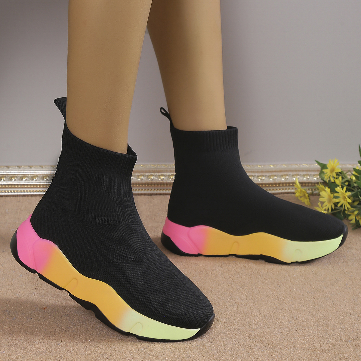 Stivali corti da donna taglie forti in Flyknit, stile europeo/americano, con suola spessa, traspiranti, casual e alla moda, perfetti per la primavera._voghion.com