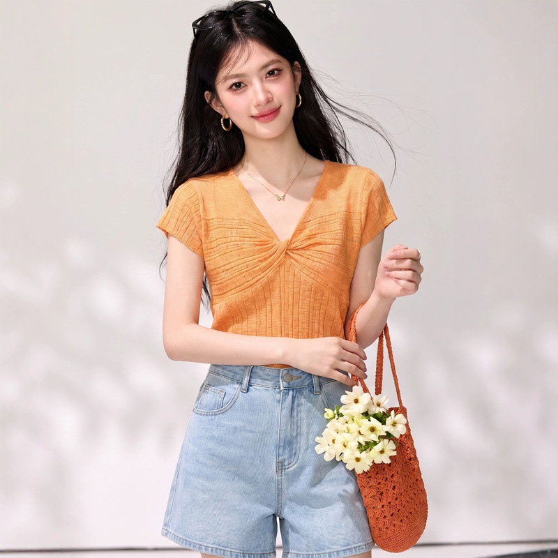 Pumpkin Orange V-Neck Short-Sleeve T-Shirt for Women, 2026 New Summer Style, Plus-Size, Flattering, Unique, and Beautiful Top
