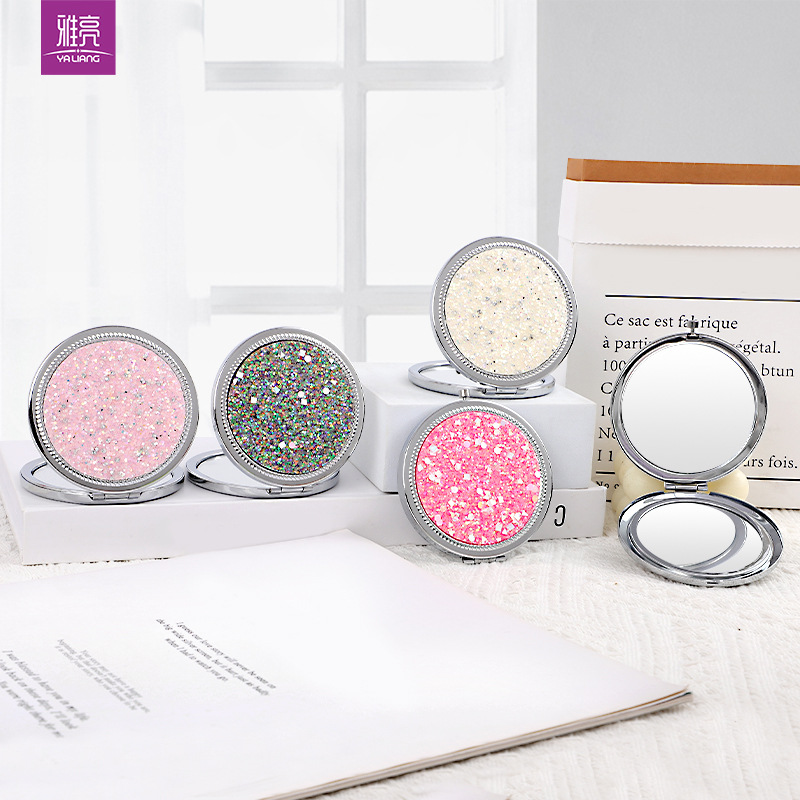 Moda creativa espejo de metal redondo espejo de bala espejo plegable de doble cara parche diamante flash comercio exterior personalizado espejo de maquillaje prepucio