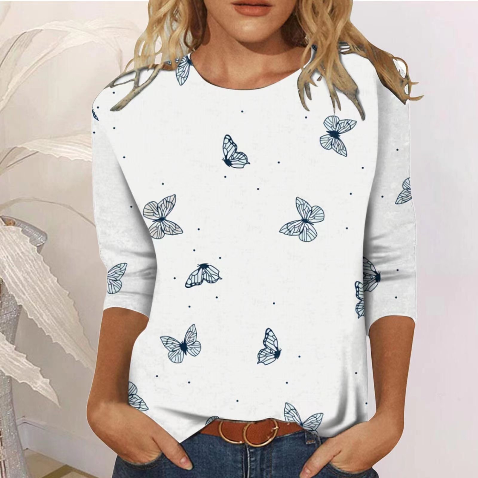 T-shirt décontracté à manches 2024 et col rond pour femmes, imprimé numérique, nouvelle collection 3/4_voghion.com