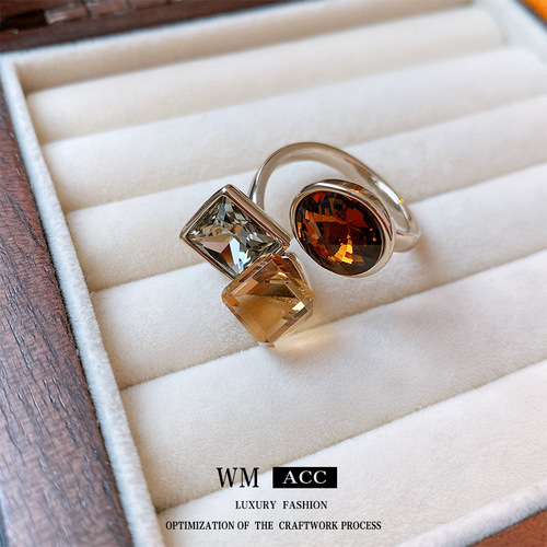 Real gold electroplated zircon square circle open ring, high-end niche temperament ring, 2024 new ring