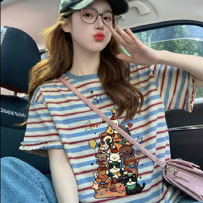 Contrast Color Striped Round Neck Cartoon Print Short-Sleeved T-Shirt for Women 2026 New Summer Loose Slimming Design Top Contrast Color Striped Round Neck Cartoon Print Short-Sleeved T-Shirt for Women 2026 New Summer Loose Slimming Design Top