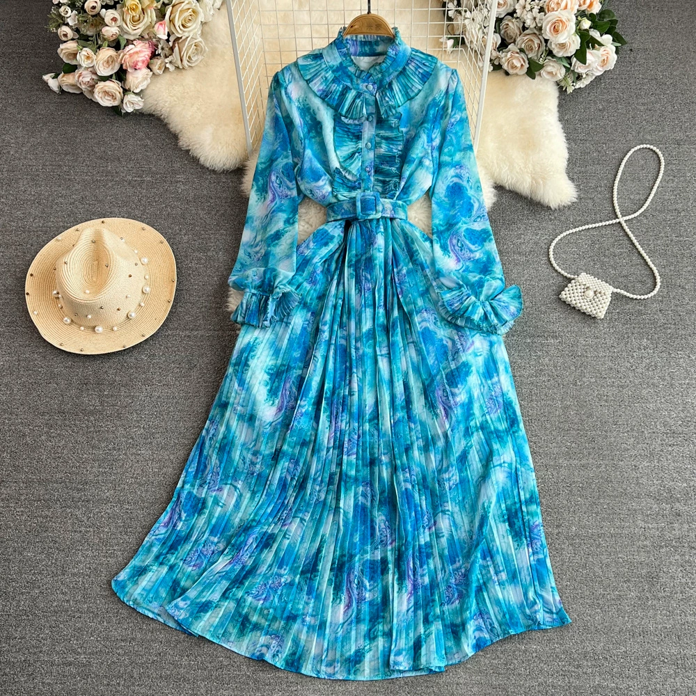 Удлиненное чувство ретро темпераментный воротник с длинными рукавами, тонкая талия, плиссированное платье с принтом, элегантное длинное платье