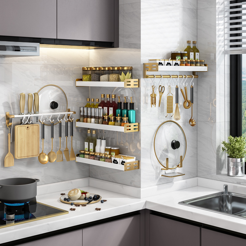 Light Luxury Platinum Kitchen Shelf – Wall-Mounted, Punch-Free Design for All Your Seasonings and Condiments  
Wall-Mounted Storage Rack for Spices and Cooking Essentials