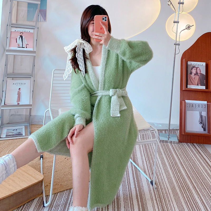 Soft nightgown women's autumn and winter warm thickened cardigan sweet mink-like knitted home wear can be worn outside bathrobe