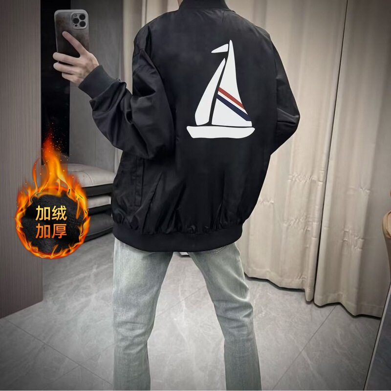 Autumn and Winter Fleece-Lined Casual Jacket Trendy Men's Back Sailboat Zipper Coat Young Student Loose Fashion