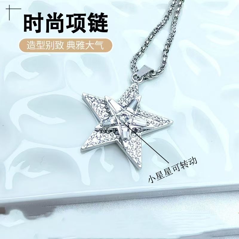 Trendy and Unique Rotating Diamond-Studded Pentagram Jewelry Fashionable High-End Stylish Men's Non-Fading Pendant Necklace