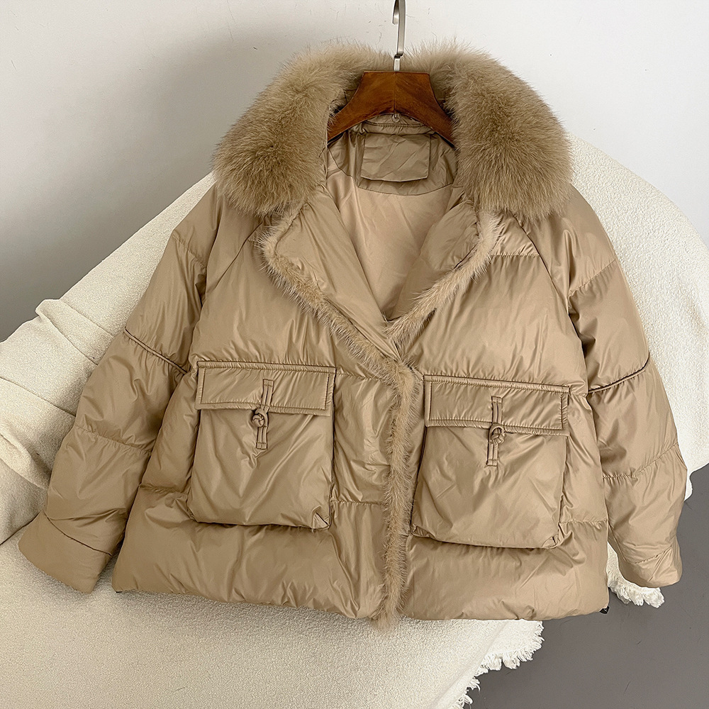 Women's Clothing Real fox fur collar down jacket for women new style spliced mink fur short buttoned white duck down slimming jacket_voghion.com