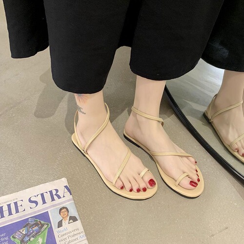 2026 new style preppy style simple thin belt clip-toe sandals fairy style female one-belt flat Roman beach shoes summer