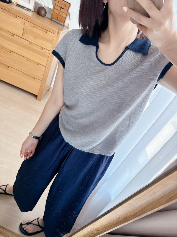 Mr.ファッション~快適で通気性のあるコントラストカラーラペルポロカラールーズスリムニット半袖Tシャツトップス|undefined