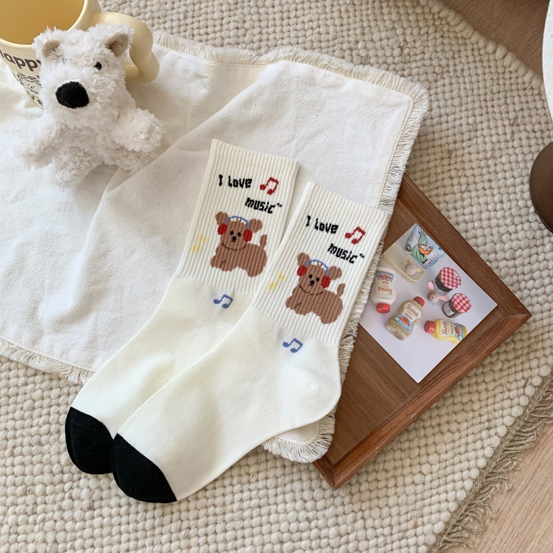 无骨小狗袜子女秋冬季新款纯棉中筒袜ins潮透气可爱卡通网红长袜|undefined