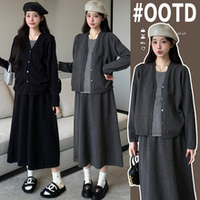 孕妇装秋冬新款韩版假两件套开衫毛衣＋可调节半身裙甜美显瘦套装