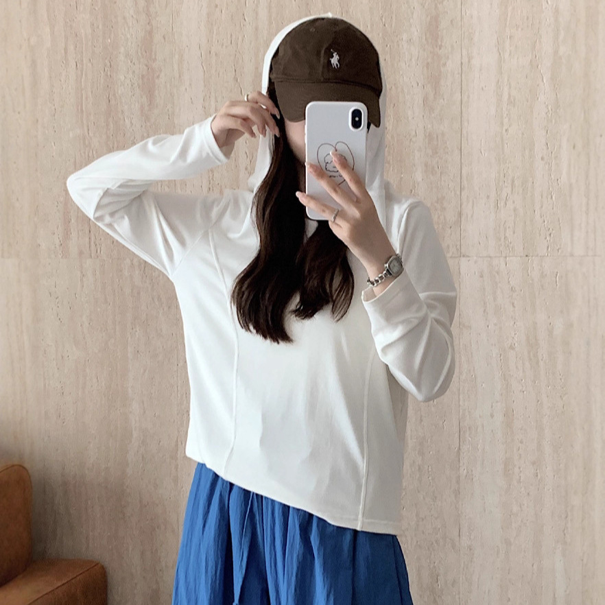 Irina's Lazy Style Women's Hooded Slim-Fitting Inner Waist-Cinching Fishbone Bottoming Shirt Autum Long-Sleeved Top for Women