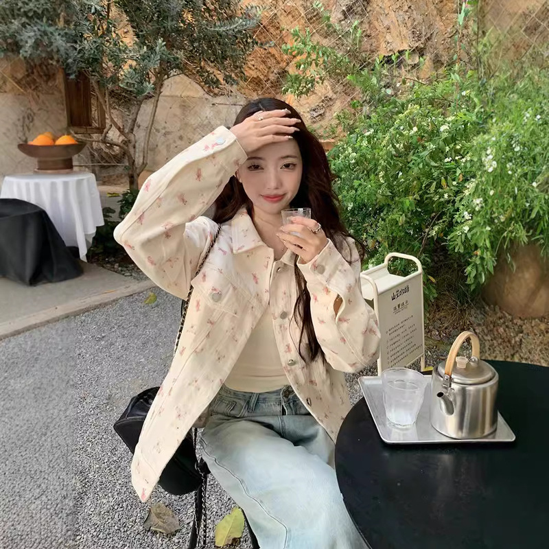 Beige Milky Cute Denim Jacket 2025 New Autumn and Winter Miu Bear Print Loose Jacket Long-Sleeved Cardigan