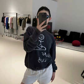 现货高品质火柴人印花水洗做旧款圆领卫衣女时尚宽松长袖上衣新款