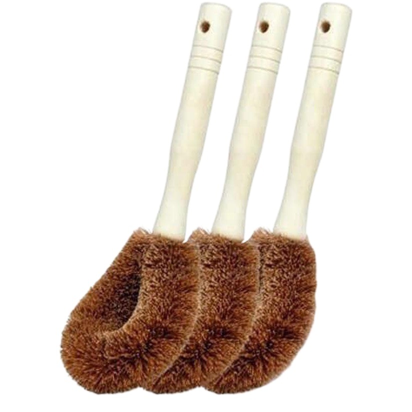 Coco natural cepillo de olla marrón mango de madera no fácil de pegar aceite cocina cepillo de madera cepillo de olla artefacto mango largo cepillo de olla