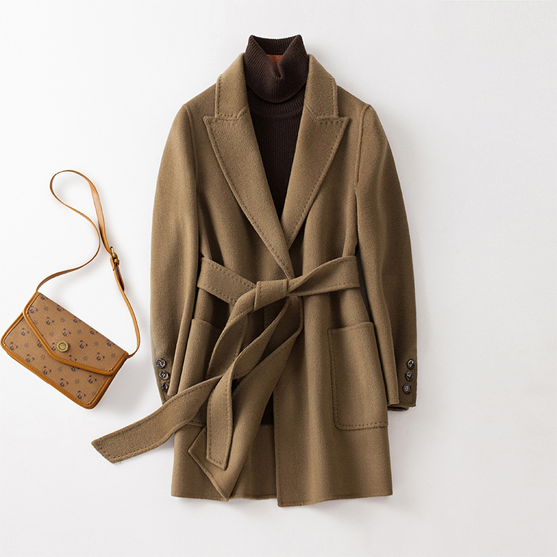 1129# Double-sided Cashmere Coat Women's Autumn and Winter New Mid-length Lace-up Double-sided Wool Coat Waistline Slimming Elegant