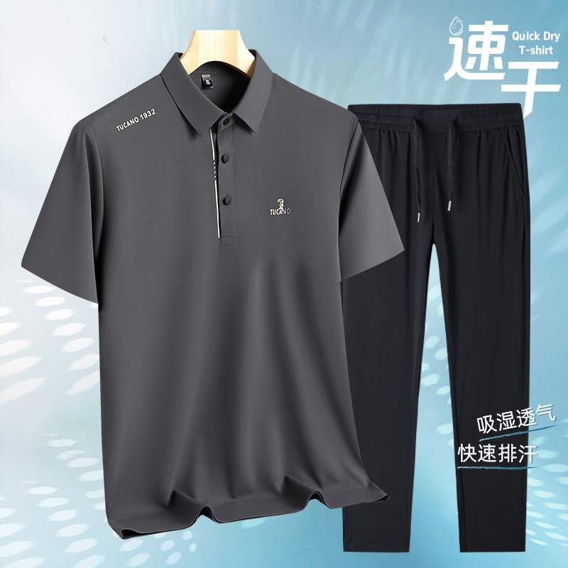 キツツキ夏アイスシルクシームレススーツメンズ半袖 Tシャツカジュアルパンツ 2025 新しいお父さんツーピースセット|undefined
