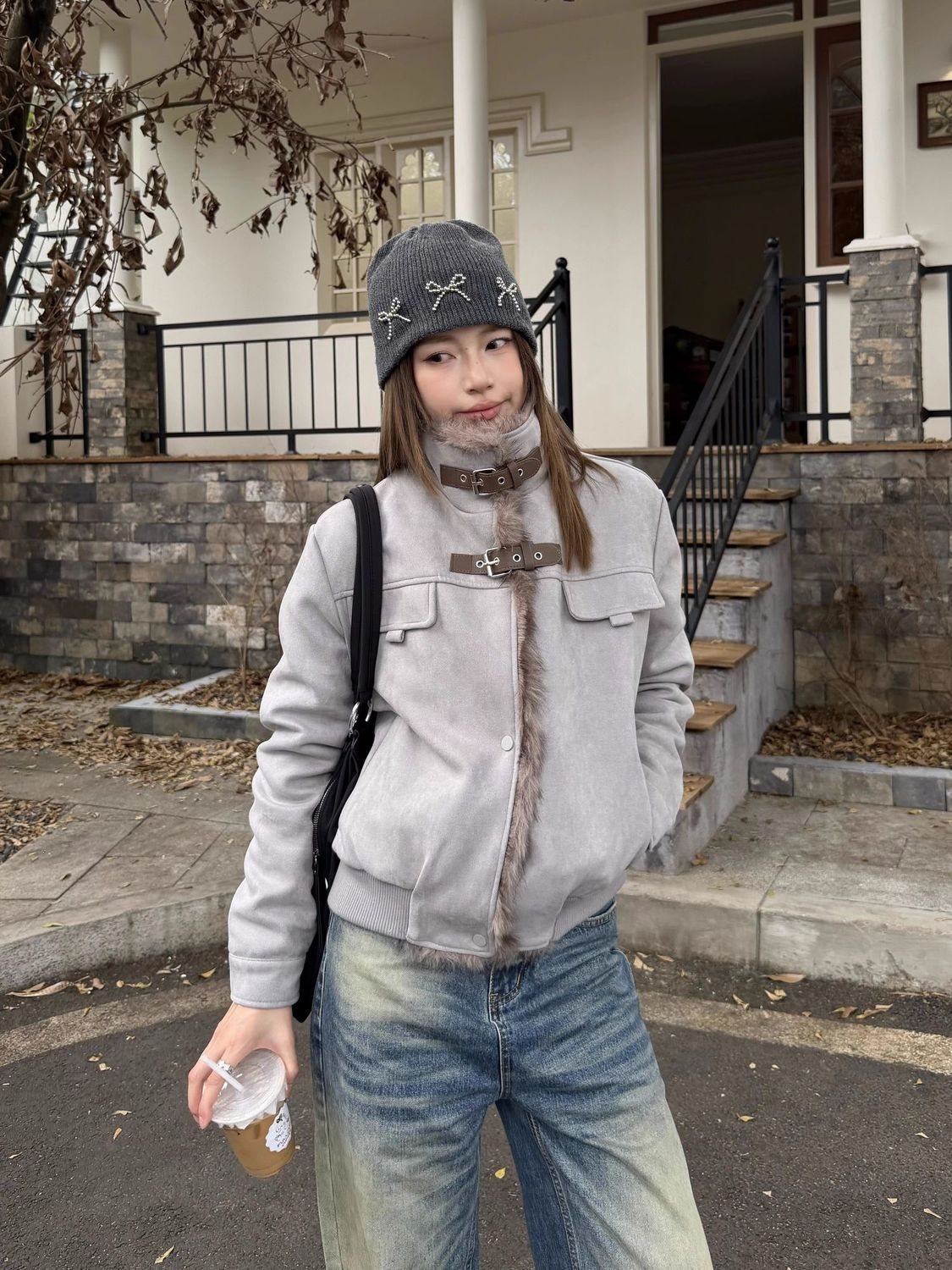 美式复古宽松皮毛一体保暖外套女秋冬小众高级感街头开衫防寒上衣