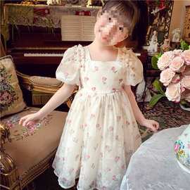 女童公主裙夏装2025新款洋气儿童碎花裙小女孩蝴蝶结泡泡袖连衣裙