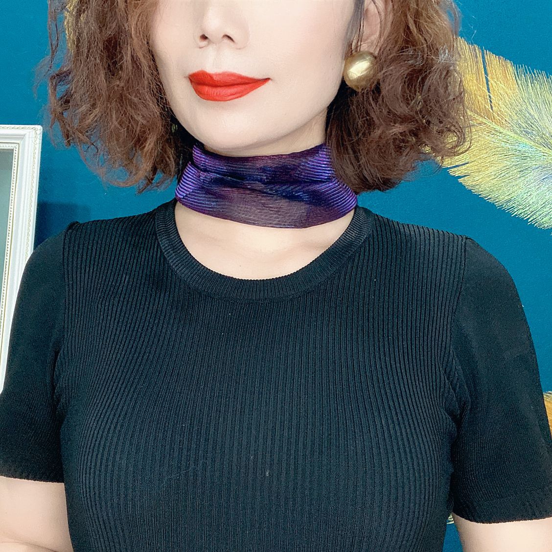 블루 퍼플-화려한 마그네틱 버튼 실크 스카프