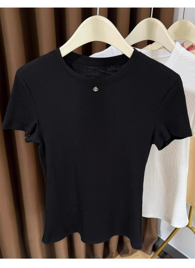 Women's Pink Ribbed Short Sleeve T-shirt Lightweight Basic Top_voghion.com