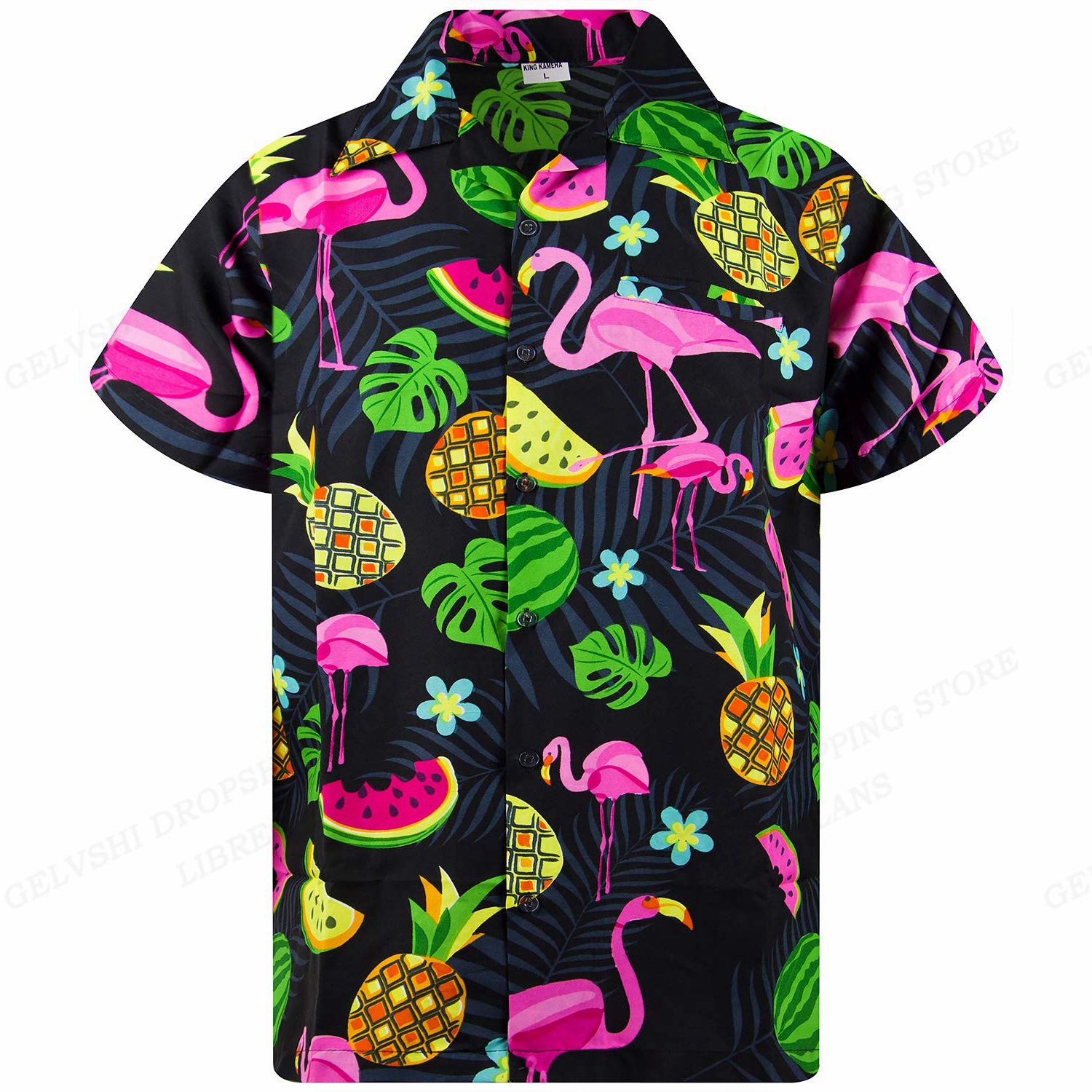 Moda y diversión grulla de corona roja color de contraste fruta estampado 3D hombre verano playa vacaciones suelta camisa hawaiana